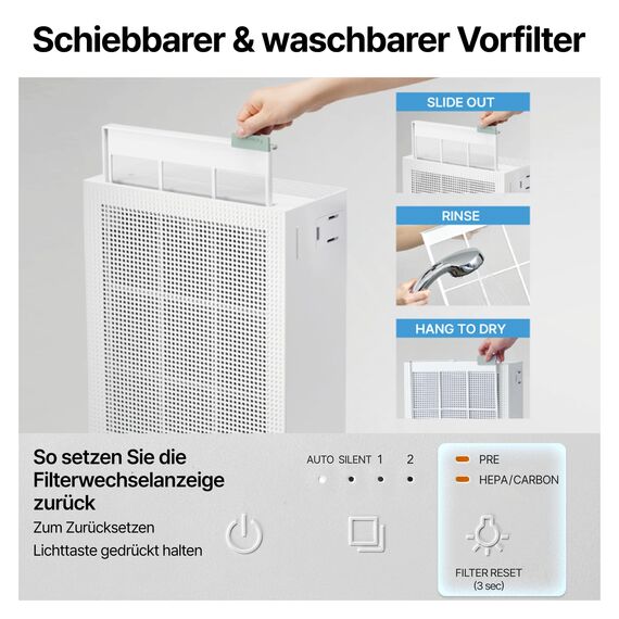COWAY Luftreiniger Allergiker Zuhause Schlafzimmer air purifier, ECARF und Quiet Mark, Sleep Mode 20 dB, Vorfilter oben entnehmbar und waschbar, Allergie Rauch Pollen Haustiere, Airmega 150, Weiß