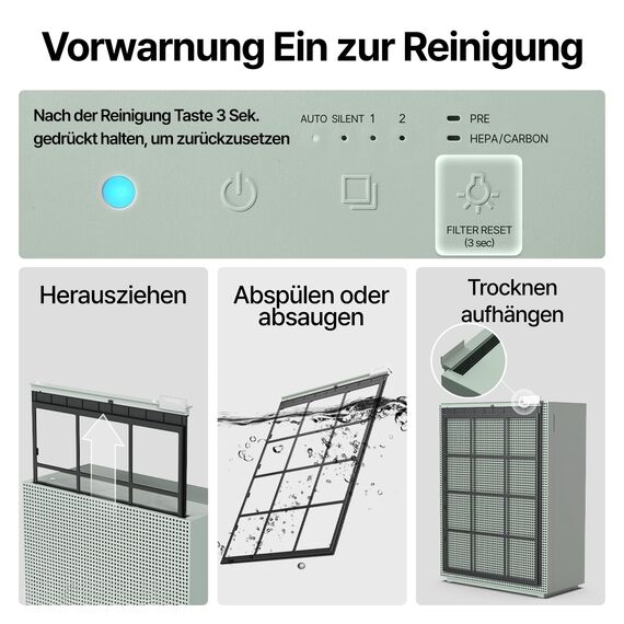 COWAY Luftreiniger Allergiker Zuhause Schlafzimmer air purifier, ECARF und Quiet Mark, Sleep Mode 20 dB, Vorfilter oben entnehmbar und waschbar, Allergie Rauch Pollen Haustiere, Airmega 150, Grün