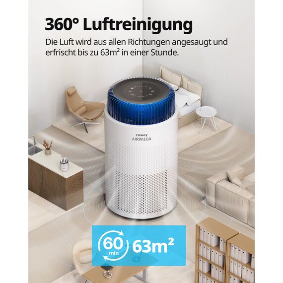 COWAY Luftreiniger Allergiker – Superleise, mit Schlafmodus & Stimmungslicht, entfernt 99,999 % Partikel bis 0,01 µm, mit ECARF-Siegel, gegen Pollen, Staub & Tierhaare, CADR 244 m³/h, AIRMEGA 100