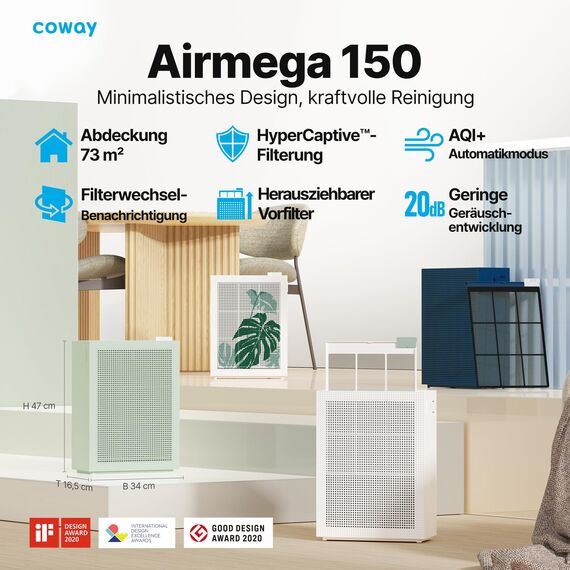 COWAY Luftreiniger Allergiker Zuhause Schlafzimmer air purifier, ECARF und Quiet Mark, Sleep Mode 20 dB, Vorfilter oben entnehmbar und waschbar, Allergie Rauch Pollen Haustiere, Airmega 150, Grün