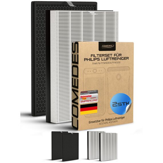Comedes Filter-Set einsetzbar statt Philips NanoProtect Hepafilter FY1410/30 und Philips FY1413/30 Aktivkohlefilter für Luftreiniger AC1214 und AC2729 von Series 1000 und 1000i (2 Sets)