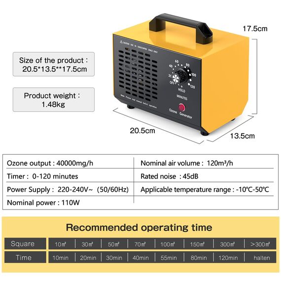 Ozongenerator Auto Ozongerät 110W Ozonisator Industrieller 40000mg/Std O3 Ozon Luftreiniger mit 120 Min Timer Geruchsneutralisierer Geruchskiller 300㎡ für Wohnung Räume