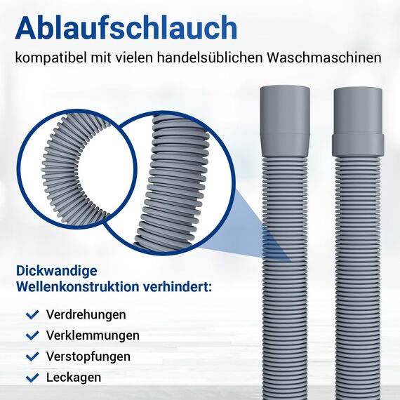 VIOKS Set Flexibler Abwasserschlauch Spülmaschine 1,5 Meter 19/22mmØ + 2x Klemmen Schlauchschellen Edelstahl 18-28mmØ + 1x Schlauch Verbindungsstück + 1x Haltebogen - Ablaufschlauch Waschmaschine Set