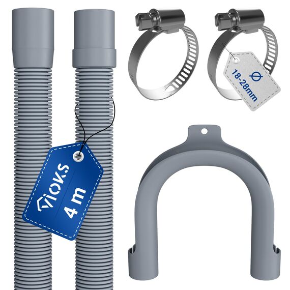 VIOKS Flexibler Ablaufschlauch Waschmaschine 4m 19/22mmØ mit 2x Schlauchschellen Edelstahl 18-28mmØ - Abwasserschlauch Spülmaschine mit Schlauchklemmen Set & Ablaufschläuche für Waschmaschinen