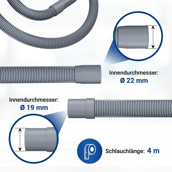 VIOKS Set Flexibler Abwasserschlauch Spülmaschine 4 Meter 19/22mmØ + 2x Klemmen Schlauchschellen Edelstahl 18-28mmØ + 1x Schlauch Verbindungsstück + 1x Haltebogen - Ablaufschlauch Waschmaschine Set