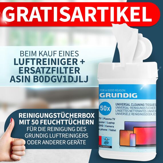 Grundig Luftreiniger Allergiker Air Purifier - Extra leise Hepa Filter + AKTIVKOHLEFILTER filtert 99,9% Schimmel Staub Pollen Viren Raucherzimmer, Luftqualitätsanzeige - 49m2 (Gerät + Ersatzfilter)