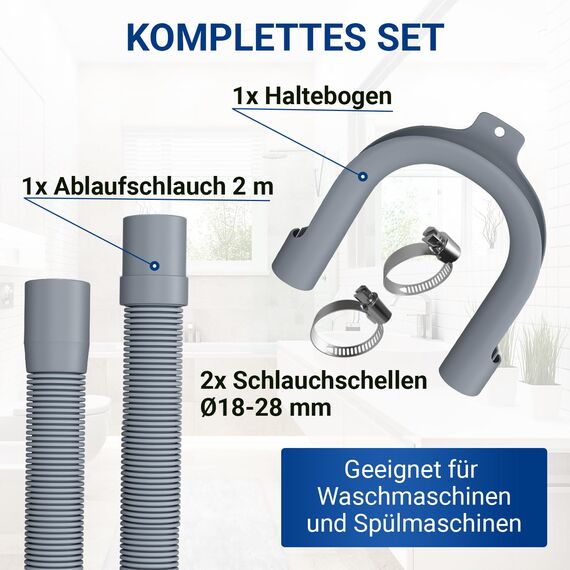 VIOKS Set Flexibler Abwasserschlauch Waschmaschine 2 Meter 19/22mmØ + 2x Schlauchschellen Edelstahl 18-28mmØ - Ablaufschlauch Waschmaschine Abwasserschlauch Spülmaschine mit Schlauchschellen Set