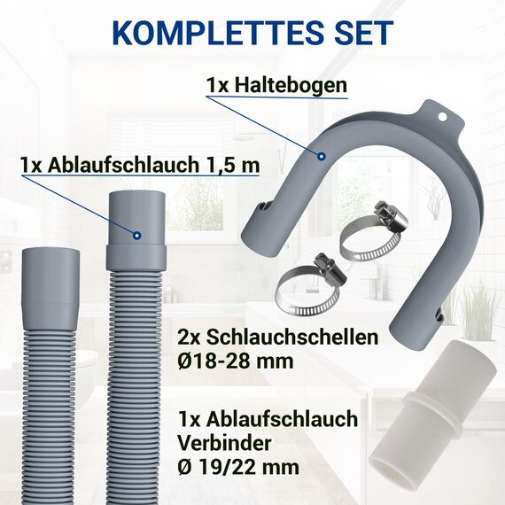 VIOKS Set Flexibler Abwasserschlauch Spülmaschine 1,5 Meter 19/22mmØ + 2x Klemmen Schlauchschellen Edelstahl 18-28mmØ + 1x Schlauch Verbindungsstück + 1x Haltebogen - Ablaufschlauch Waschmaschine Set