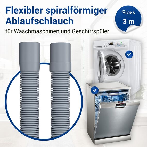 VIOKS Waschmaschine Ablaufschlauch 3m 19/22mmØ & Spülmaschine Ablaufschlauch Geschirrspüler/Flexibler Abwasserschlauch Waschmaschine Ersatzteile