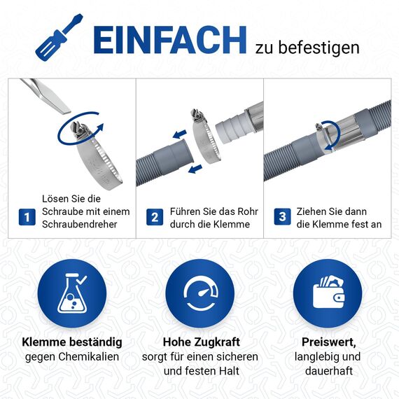 VIOKS Set Flexibler Abwasserschlauch Spülmaschine 2 Meter 19/22mmØ + 2x Klemmen Schlauchschellen Edelstahl 18-28mmØ + 1x Schlauch Verbindungsstück + 1x Haltebogen - Ablaufschlauch Waschmaschine Set