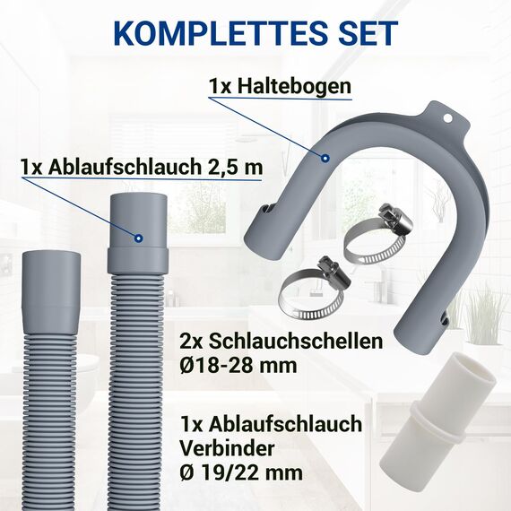 VIOKS Set Flexibler Abwasserschlauch Spülmaschine 2,5 Meter 19/22mmØ + 2x Klemmen Schlauchschellen Edelstahl 18-28mmØ + 1x Schlauch Verbindungsstück + 1x Haltebogen - Ablaufschlauch Waschmaschine Set
