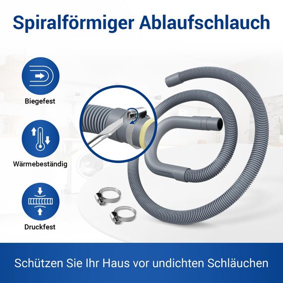 VIOKS Flexibler Ablaufschlauch Waschmaschine 1,5m 19/22mmØ & 18-28mmØ 2x Schlauchklemmen Set - Waschmaschine Schlauch Schlauchschellen Edelstahl Set