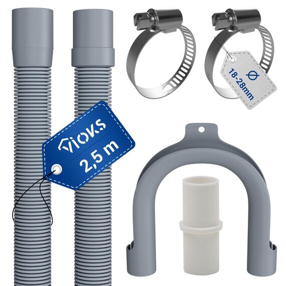 VIOKS Set Flexibler Abwasserschlauch Spülmaschine 2,5 Meter 19/22mmØ + 2x Klemmen Schlauchschellen Edelstahl 18-28mmØ + 1x Schlauch Verbindungsstück + 1x Haltebogen - Ablaufschlauch Waschmaschine Set