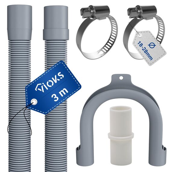 VIOKS Set Flexibler Abwasserschlauch Spülmaschine 3 Meter 19/22mmØ + 2x Klemmen Schlauchschellen Edelstahl 18-28mmØ + 1x Schlauch Verbindungsstück + 1x Haltebogen - Ablaufschlauch Waschmaschine Set