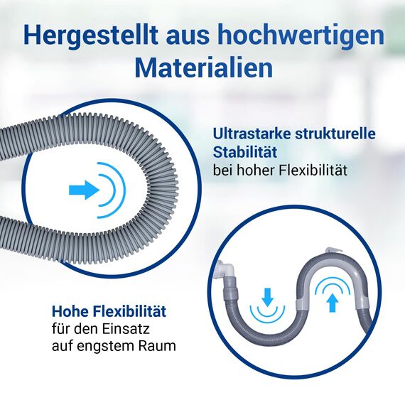 VIOKS Set Flexibler Abwasserschlauch Spülmaschine 2 Meter 19/22mmØ + 2x Klemmen Schlauchschellen Edelstahl 18-28mmØ + 1x Schlauch Verbindungsstück + 1x Haltebogen - Ablaufschlauch Waschmaschine Set