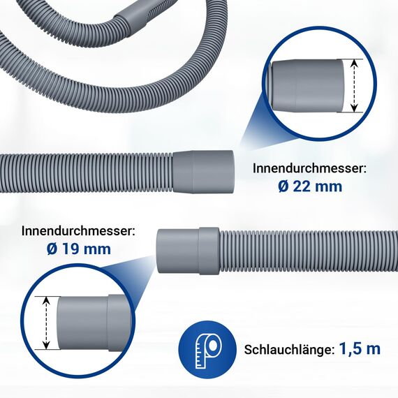 VIOKS Set Flexibler Abwasserschlauch Spülmaschine 1,5 Meter 19/22mmØ + 2x Klemmen Schlauchschellen Edelstahl 18-28mmØ + 1x Schlauch Verbindungsstück + 1x Haltebogen - Ablaufschlauch Waschmaschine Set
