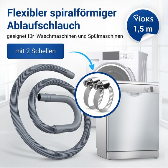 VIOKS Flexibler Ablaufschlauch Waschmaschine 1,5m 19/22mmØ & 18-28mmØ 2x Schlauchklemmen Set - Waschmaschine Schlauch Schlauchschellen Edelstahl Set