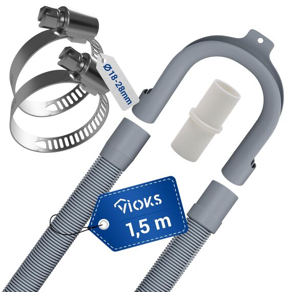 VIOKS Set Flexibler Abwasserschlauch Spülmaschine 1,5 Meter 19/22mmØ + 2x Klemmen Schlauchschellen Edelstahl 18-28mmØ + 1x Schlauch Verbindungsstück + 1x Haltebogen - Ablaufschlauch Waschmaschine Set