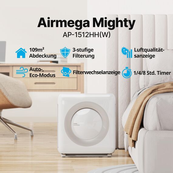 COWAY Luftreiniger Allergiker, Energiesparender ECO-Modus, Entfernt 99,999% der schädlichen Partikel bis zu 0,01 µm, für Allergie (ECARF Siegel) Staub Pollen, CADR 421m³/h, ap-1512hh MIGHTY (Weiß)