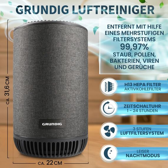 Grundig Luftreiniger Allergiker Air Purifier - Extra leise Hepa Filter + AKTIVKOHLEFILTER filtert 99,9% Schimmel Staub Pollen Viren Raucherzimmer, Luftqualitätsanzeige - 49m2 (Gerät + Ersatzfilter)