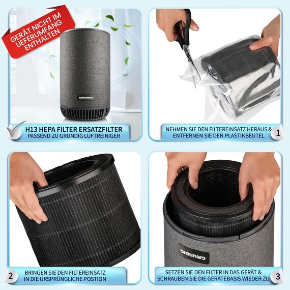 Grundig Luftreiniger Allergiker Air Purifier - Extra leise - Hepa Filter mit Premium AKTIVKOHLEFILTER I filtert 99,9% Staub/Pollen I Automatikmodus, Luftqualitätsanzeige - 49m2 (Ersatzfilter)