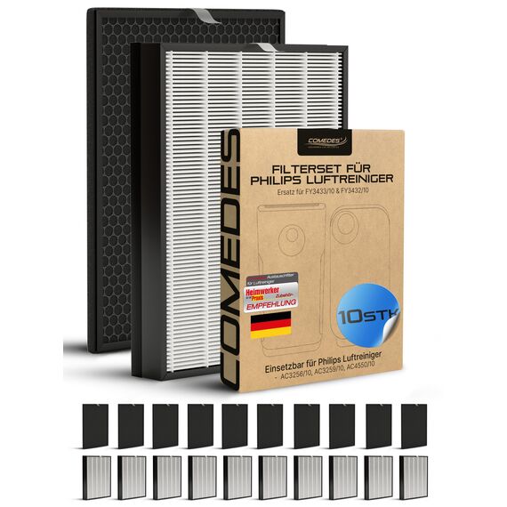 Comedes Ersatzfilterset passend für Philips AC3256/10, AC3259/10 und AC4550/10 Luftreiniger | HEPA und Aktivkohle Filter | einsetzbar statt Philips FY3432/10 und FY3433/10 (10)