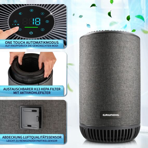 Grundig Luftreiniger Allergiker Air Purifier - Extra leise Hepa Filter + AKTIVKOHLEFILTER filtert 99,9% Schimmel Staub Pollen Viren Raucherzimmer, Luftqualitätsanzeige - 49m2 (Luftreiniger)