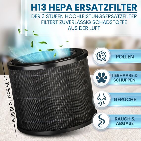 Grundig Luftreiniger Allergiker Air Purifier - Extra leise - Hepa Filter mit Premium AKTIVKOHLEFILTER I filtert 99,9% Staub/Pollen I Automatikmodus, Luftqualitätsanzeige - 49m2 (Ersatzfilter)