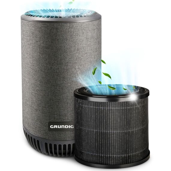 Grundig Luftreiniger Allergiker Air Purifier - Extra leise Hepa Filter + AKTIVKOHLEFILTER filtert 99,9% Schimmel Staub Pollen Viren Raucherzimmer, Luftqualitätsanzeige - 49m2 (Gerät + Ersatzfilter)