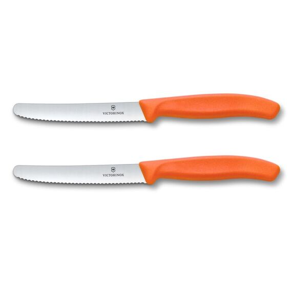 Victorinox Swiss Classic, Frühstücksmesser, Brötchenmesser Set 2teilig, Scharfe Klinge, Wellenschliff, 11 cm, Rostfreier Stahl, Orange