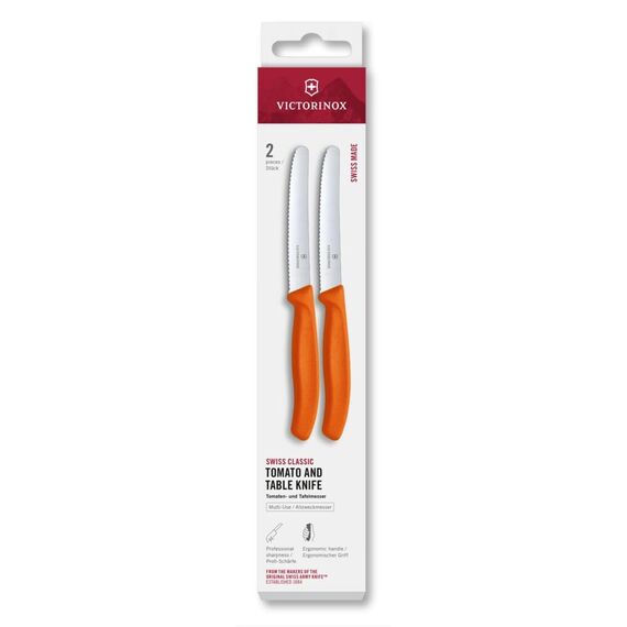 Victorinox Swiss Classic, Frühstücksmesser, Brötchenmesser Set 2teilig, Scharfe Klinge, Wellenschliff, 11 cm, Rostfreier Stahl, Orange