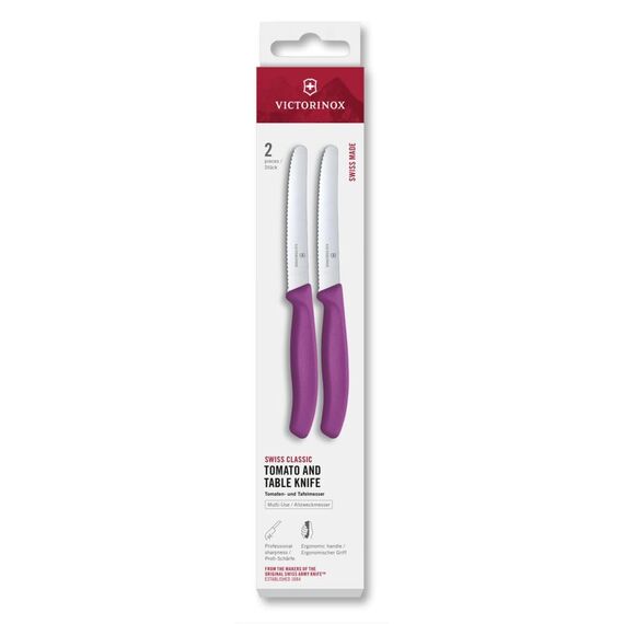 Victorinox Swiss Classic, Frühstücksmesser, Brötchenmesser Set 2teilig, Scharfe Klinge, Wellenschliff, 11 cm, Rostfreier Stahl, Violett