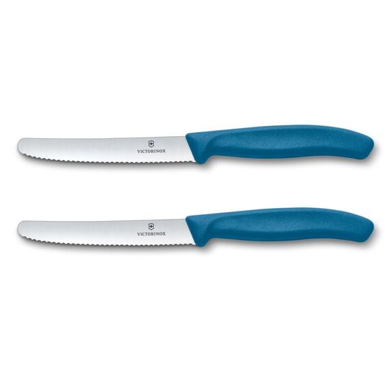 Victorinox Swiss Classic, Frühstücksmesser, Brötchenmesser Set 2teilig, Scharfe Klinge, Wellenschliff, 11 cm, Rostfreier Stahl, Blau