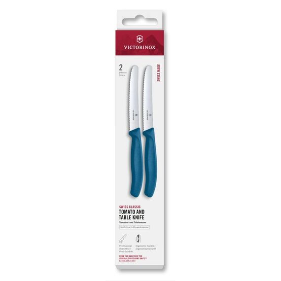 Victorinox Swiss Classic, Frühstücksmesser, Brötchenmesser Set 2teilig, Scharfe Klinge, Wellenschliff, 11 cm, Rostfreier Stahl, Blau