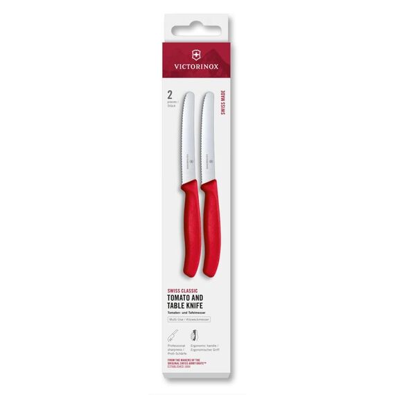 Victorinox Swiss Classic, Frühstücksmesser, Brötchenmesser Set 2teilig, Scharfe Klinge, Wellenschliff, 11 cm, Rostfreier Stahl, Rot