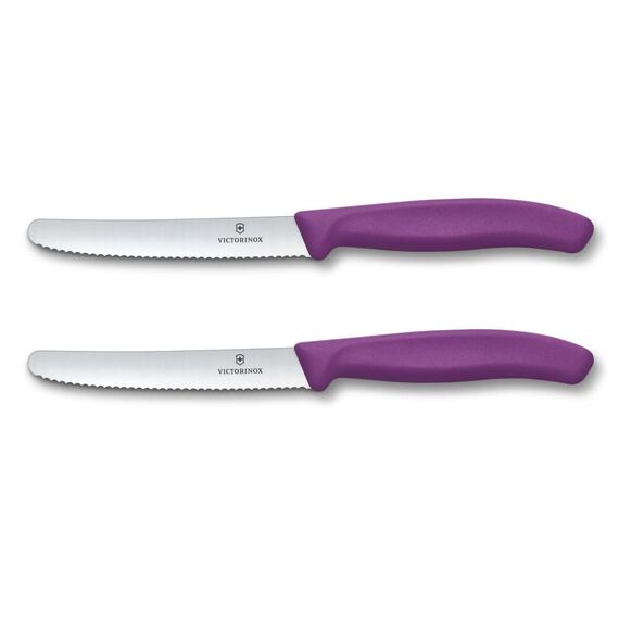 Victorinox Swiss Classic, Frühstücksmesser, Brötchenmesser Set 2teilig, Scharfe Klinge, Wellenschliff, 11 cm, Rostfreier Stahl, Violett