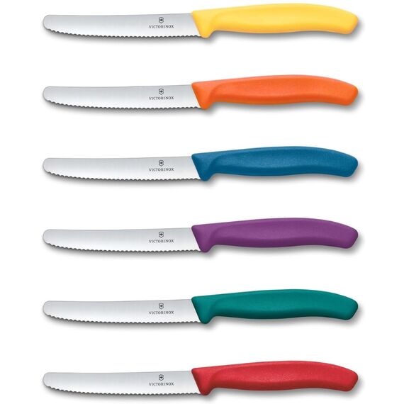 Victorinox Swiss Classic, Frühstücksmesser, Brötchenmesser Set 6teilig, Scharfe Klinge, Wellenschliff, 11 cm, Rostfreier Stahl, Farbig