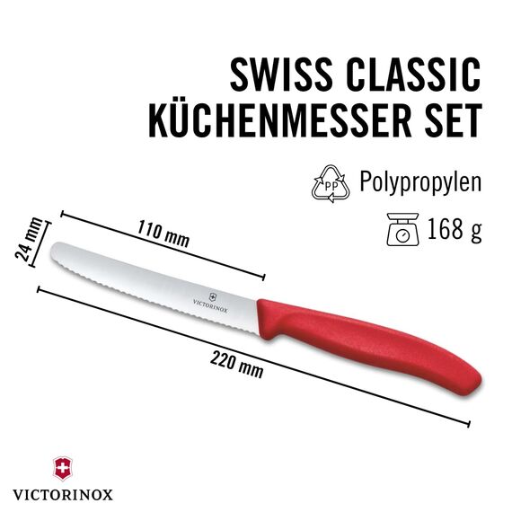 Victorinox Swiss Classic, Frühstücksmesser, Brötchenmesser Set 6teilig, Scharfe Klinge, Wellenschliff, 11 cm, Rostfreier Stahl, Farbig