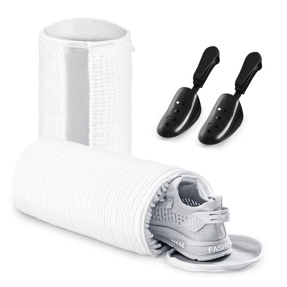 Teletrogy 2Pcs Schuhe Waschbeutel, Schuhwaschbeutel Waschmaschine mit Verstellbare Schuhspanner, Wäschesack Schuhe mit Verstecktem Reißverschluss, Wiederverwendbarer Wäschenetz für Sneaker, Weiß