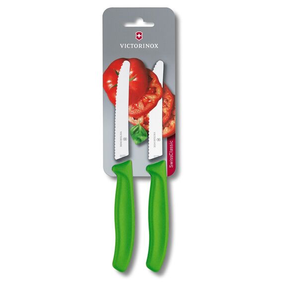 Victorinox Swiss Classic, Frühstücksmesser, Brötchenmesser, Scharfe Klinge, Wellenschliff, 11 cm, Kunststoffgriff, Rostfreier Stahl, Set 2teilig, Grün