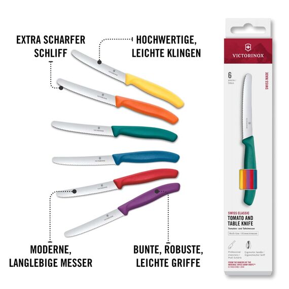 Victorinox Swiss Classic, Frühstücksmesser, Brötchenmesser Set 6teilig, Scharfe Klinge, Wellenschliff, 11 cm, Rostfreier Stahl, Farbig