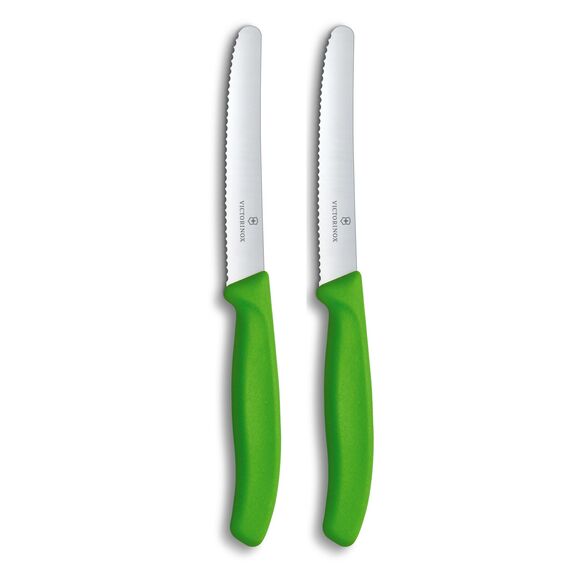 Victorinox Swiss Classic, Frühstücksmesser, Brötchenmesser, Scharfe Klinge, Wellenschliff, 11 cm, Kunststoffgriff, Rostfreier Stahl, Set 2teilig, Grün