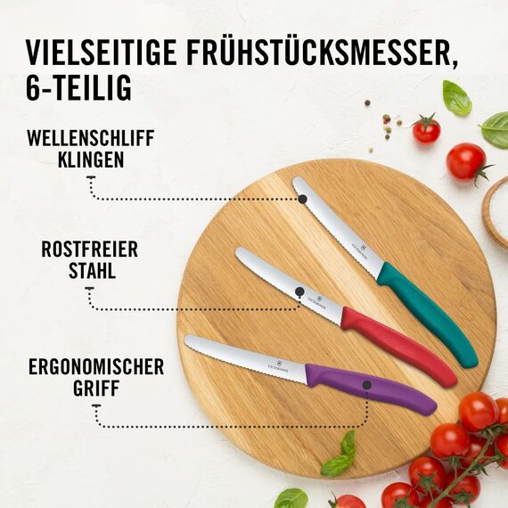 Victorinox Swiss Classic, Frühstücksmesser, Brötchenmesser Set 6teilig, Scharfe Klinge, Wellenschliff, 11 cm, Rostfreier Stahl, Farbig