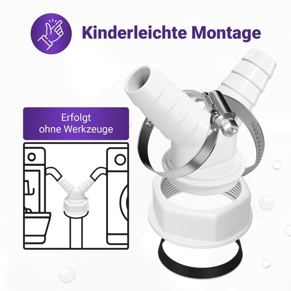 Viоks.pro Y Verteiler Waschmaschine Abfluss Adapter mit Rohrgewinde Größe 1 1/2 Zoll Schlauchanschluss + 2 Schlauchschellen Ø 20-32 mm & Y-Verteiler Waschmaschine Abfluss Waschmaschine Doppelanschluss