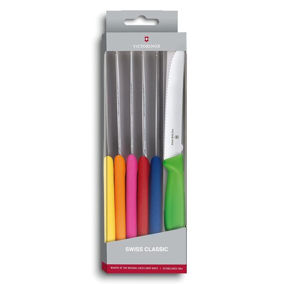 Victorinox Swiss Classic, Frühstücksmesser, Brötchenmesser, Scharfe Klinge, Wellenschliff, 11 cm, Kunststoffgriff, Rostfreier Stahl, Set 6teilig, Mehrfarbig