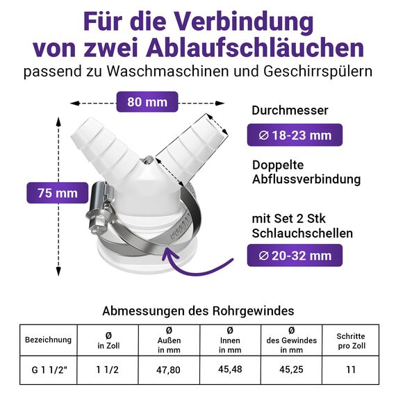Viоks.pro Y Verteiler Waschmaschine Abfluss Adapter mit Rohrgewinde Größe 1 1/2 Zoll Schlauchanschluss + 2 Schlauchschellen Ø 20-32 mm & Y-Verteiler Waschmaschine Abfluss Waschmaschine Doppelanschluss