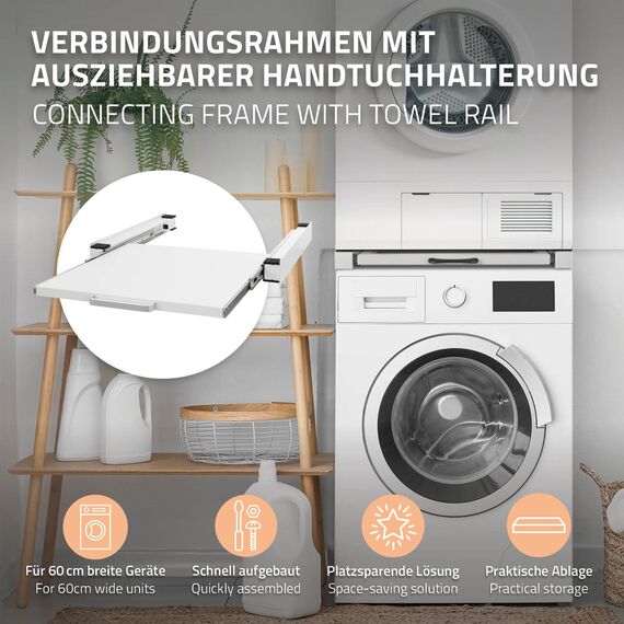 ML-Design Zwischenbaurahmen mit Ausziehplatte aus Stahl, 60x60 cm, Weiß, Verbindungsrahmen für Waschmaschine/Trockner, Zwischenbausatz mit Auszug als Ablage für Wäschekorb, Zwischenrahmen Universal