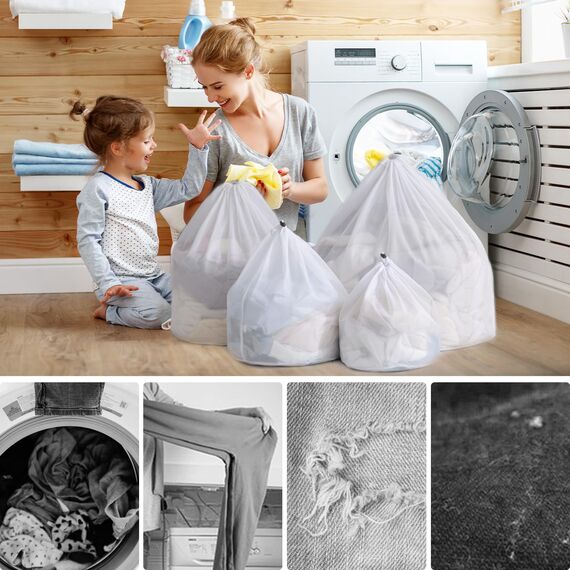 Hochwertiges 4er Set Feinmaschen-Wäschesäcke für die Waschmaschine - Mit praktischem Schnürverschluss und 4 verschiedenen Größen - Perfekt für Feinwäsche, Babykleidung und BHs