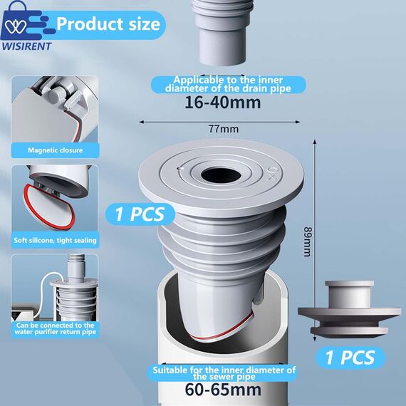 60-65mm Grau Waschmaschinen Rohrdichtung WISIRENT, Washing Machine Drain Hose Seal Waschmaschinen Ablaufschlauchdichtung, Deodorant Dichtung Rohr Dichtung für Waschmaschine, Küchenabfluss