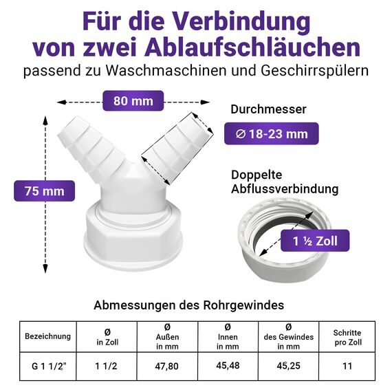 Viоks.pro Abfluss Waschmaschine Doppelanschluss 1 1/2 Zoll Schlauchanschluss & Y-Verteiler Zulaufschlauch Waschmaschine Geschirrspüler Anschluss